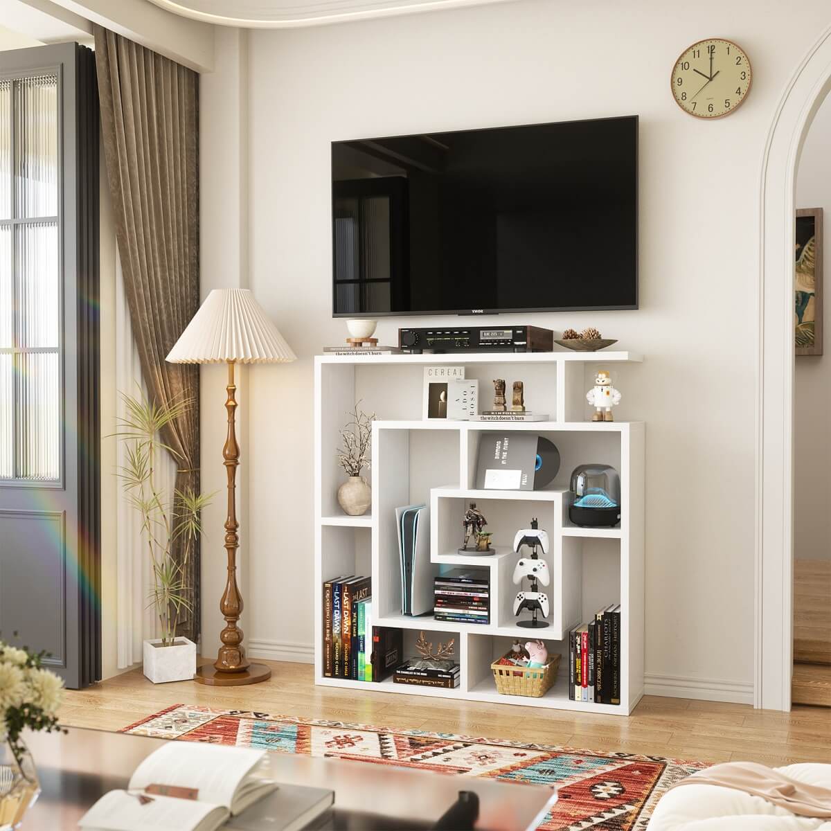5 Tier Geometric Bookcase, Wall Mounted Floating Book Shelves, 45.5"W * 47"H