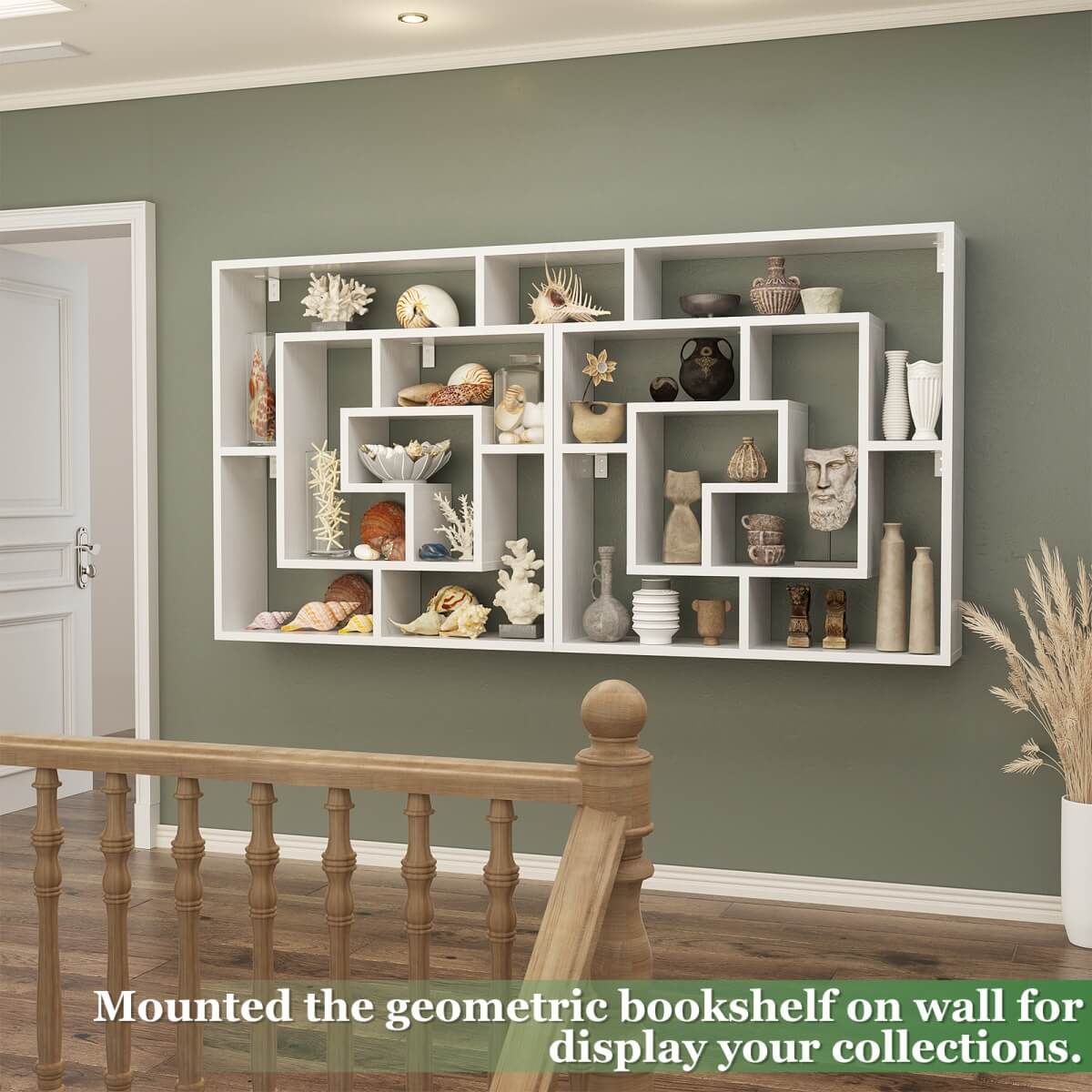 5 Tier Geometric Bookcase, Wall Mounted Floating Book Shelves, 45.5"W * 47"H