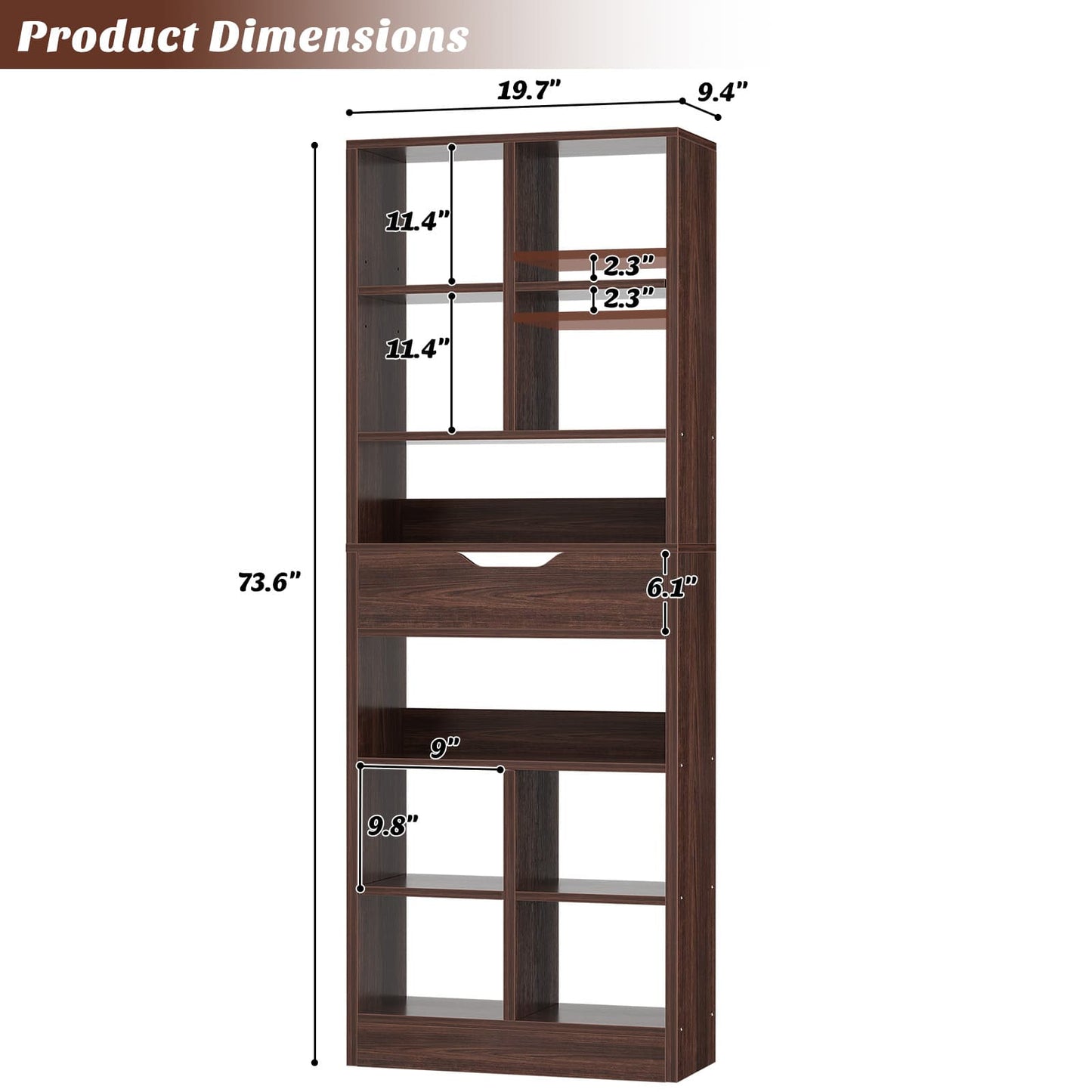 73.6" Tall Narrow Bookshelf with Drawer for Display, 19.7" Wide