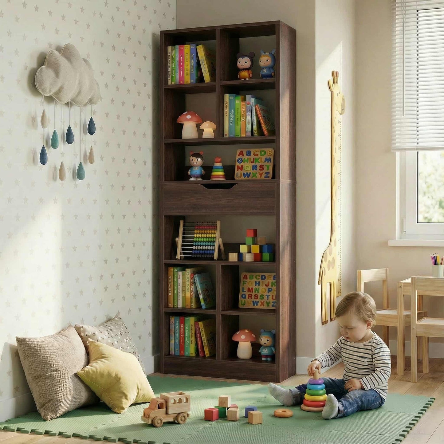 73.6" Tall Narrow Bookshelf with Drawer for Display, 19.7" Wide