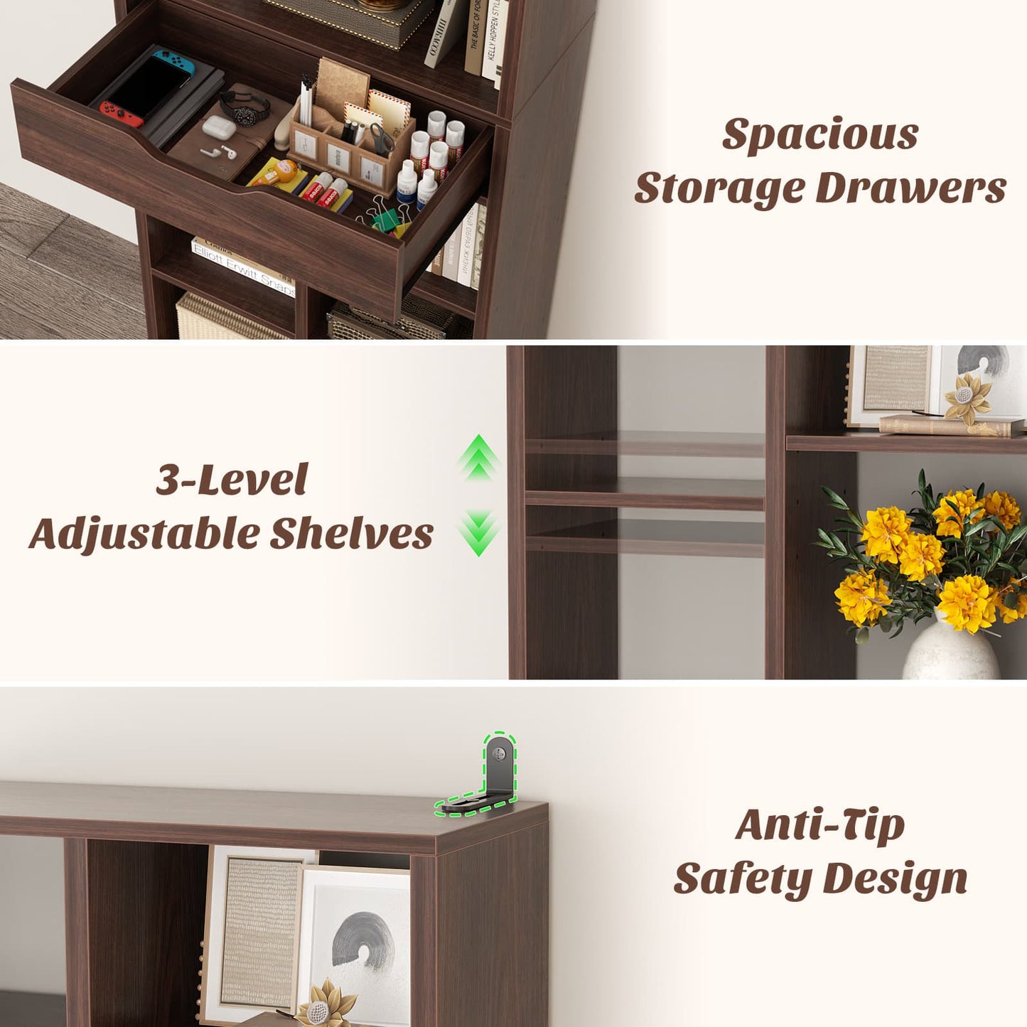 73.6" Tall Narrow Bookshelf with Drawer for Display, 19.7" Wide