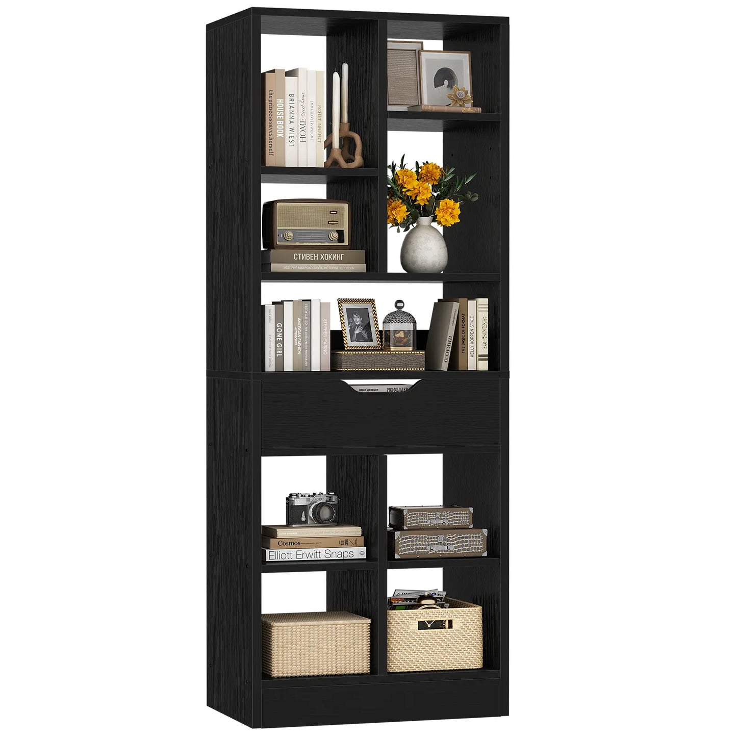 7-Tier Tall Bookshelf with Drawer, 63" Narrow Freestanding Bookcase, for Living Room, Home Office Bedroom