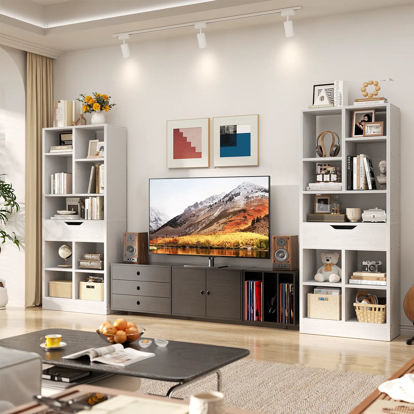 7-Tier Tall Bookshelf with Drawer, 63" Narrow Freestanding Bookcase, for Living Room, Home Office Bedroom