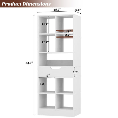 7-Tier Tall Bookshelf with Drawer, 63" Narrow Freestanding Bookcase, for Living Room, Home Office Bedroom
