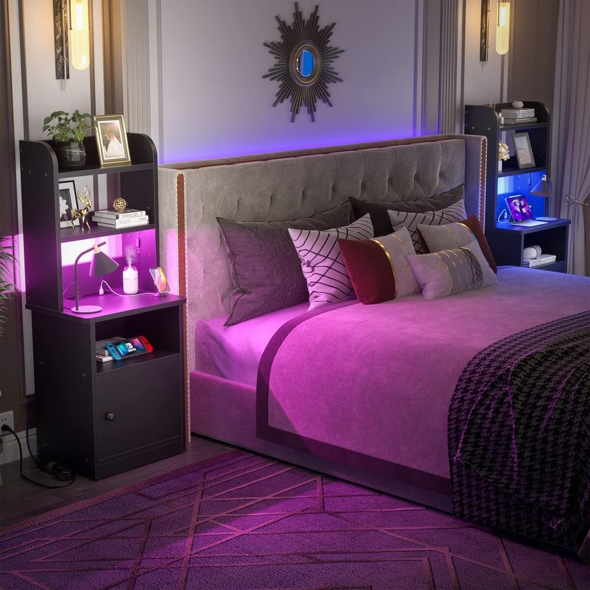 47" Tall Nightstand with Charging Station and LED Lights