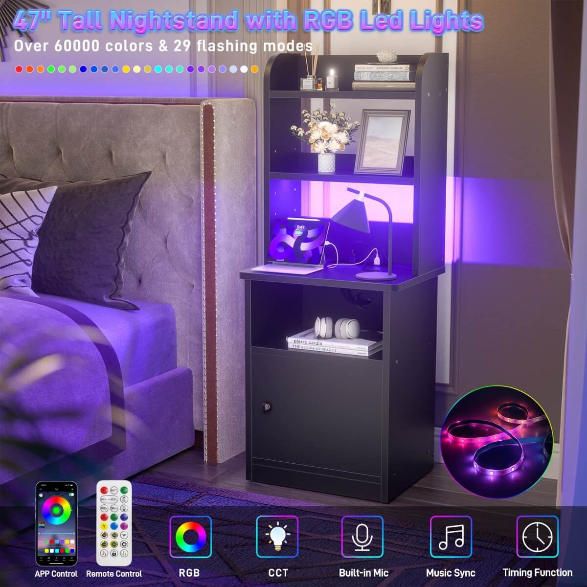 47" Tall Nightstand with Charging Station and LED Lights