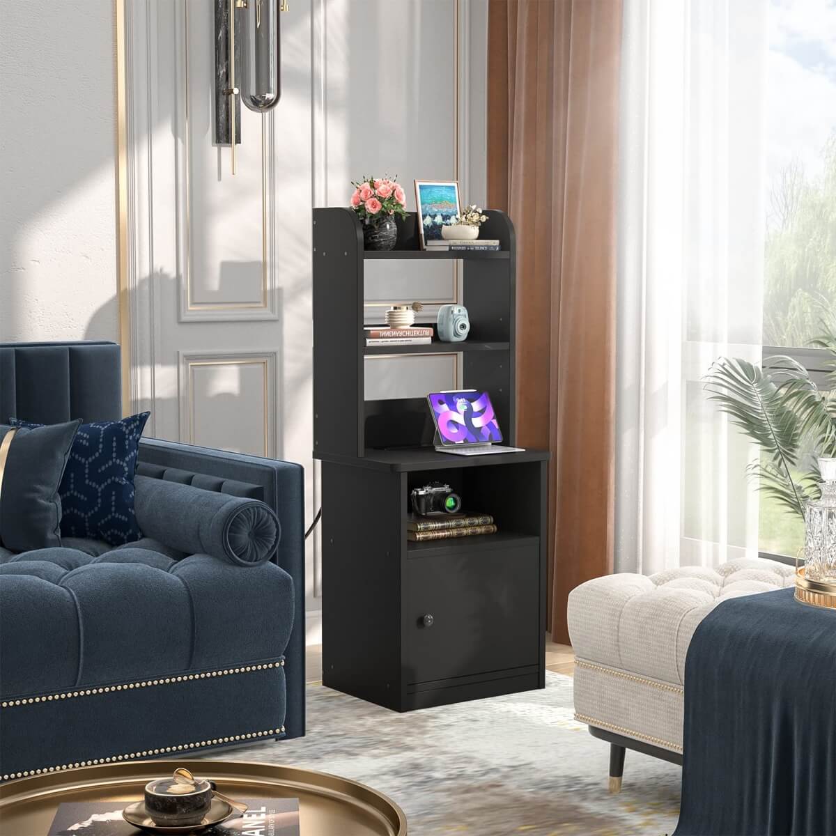 47" Tall Nightstand with Charging Station and LED Lights