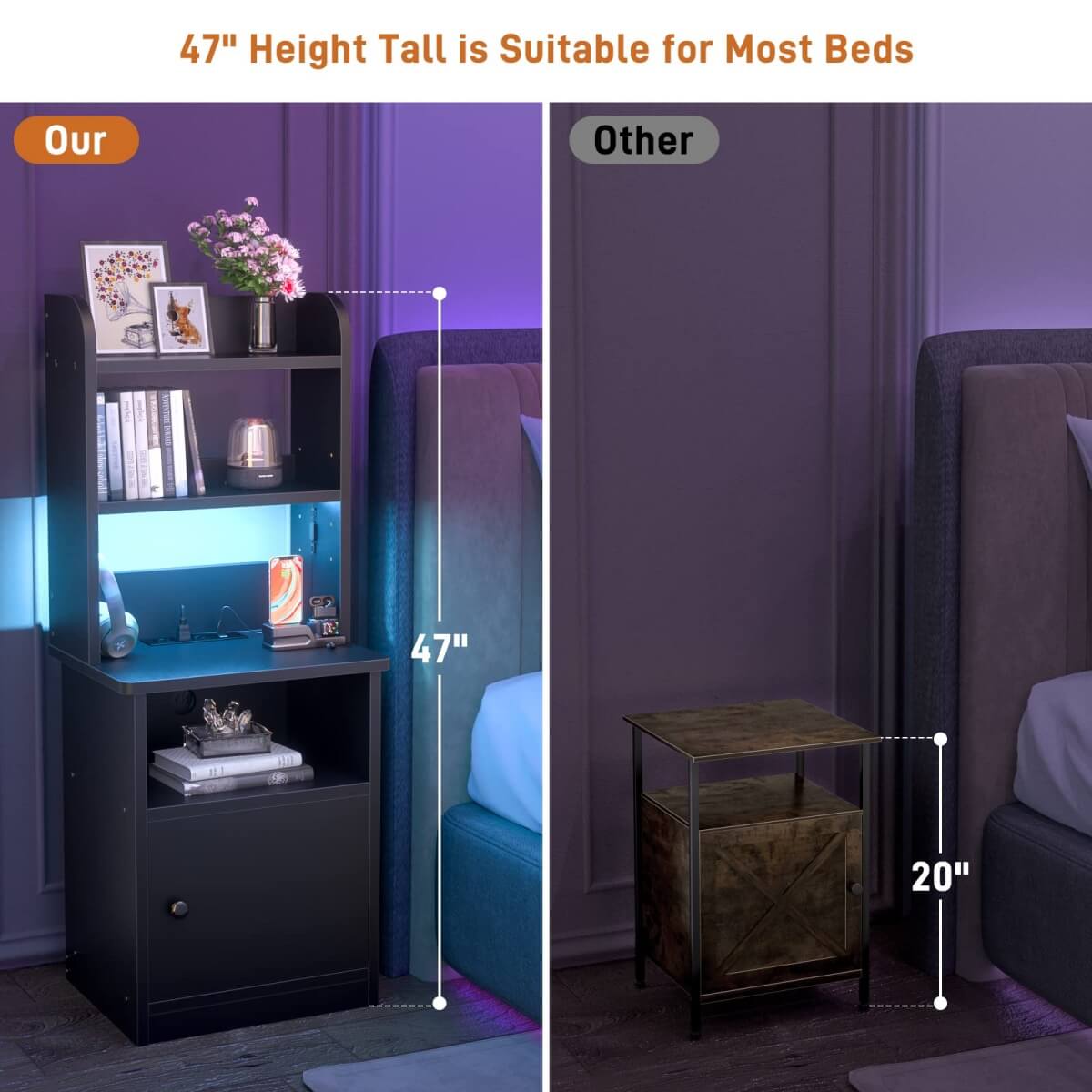 47" Tall Nightstand with Charging Station and LED Lights