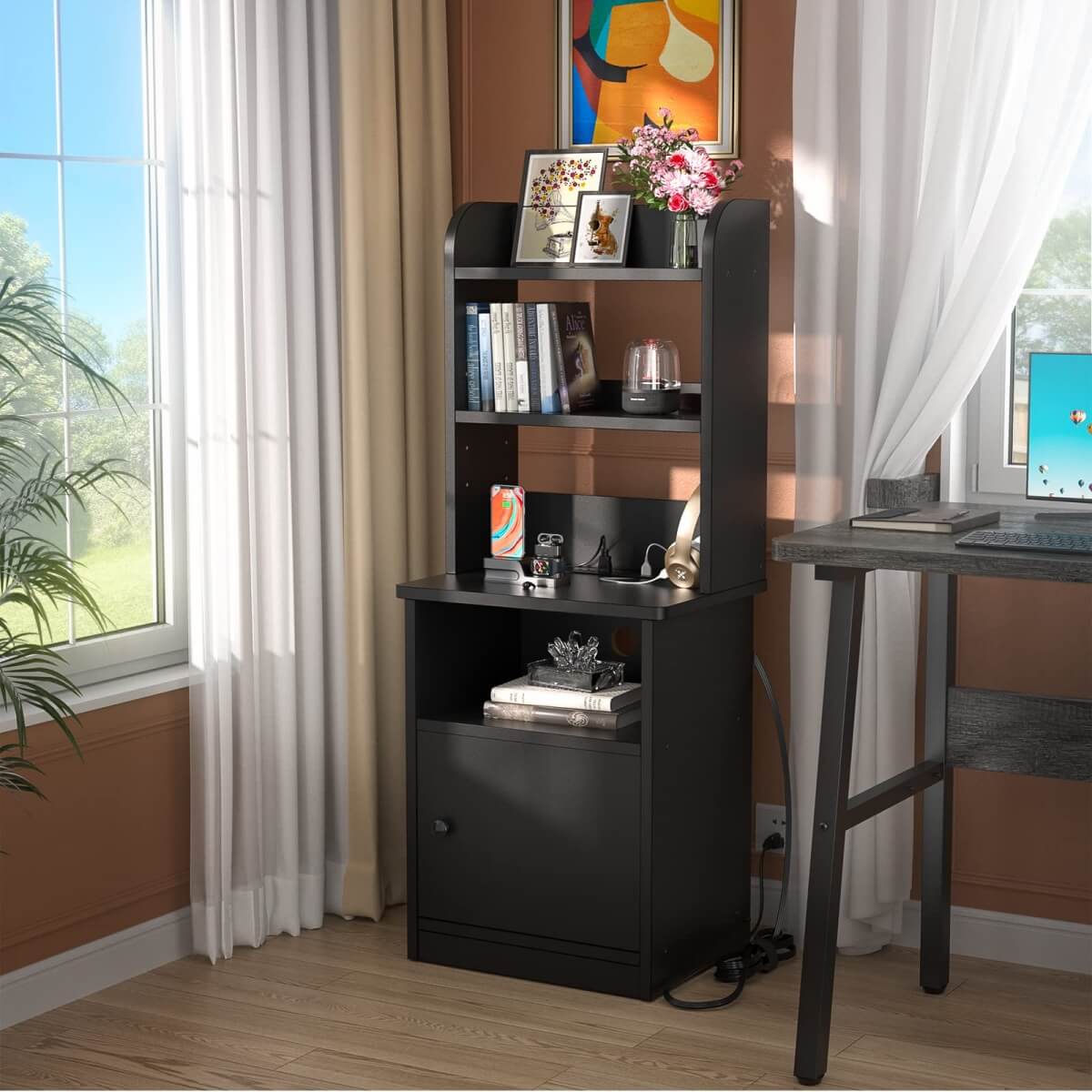 47" Tall Nightstand with Charging Station and LED Lights