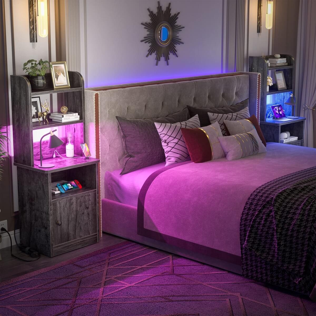 47" Tall Nightstand with Charging Station and LED Lights