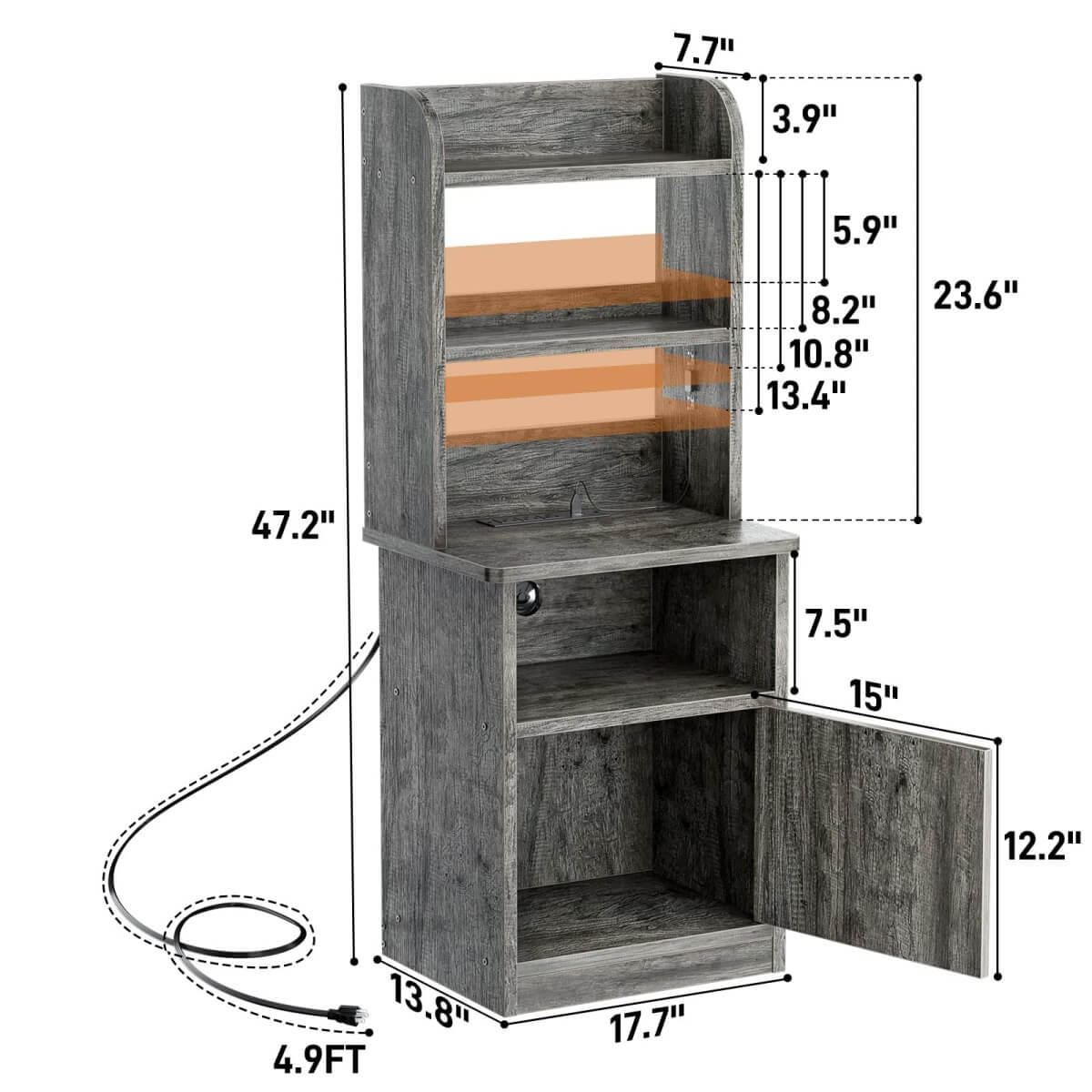 47" Tall Nightstand with Charging Station and LED Lights
