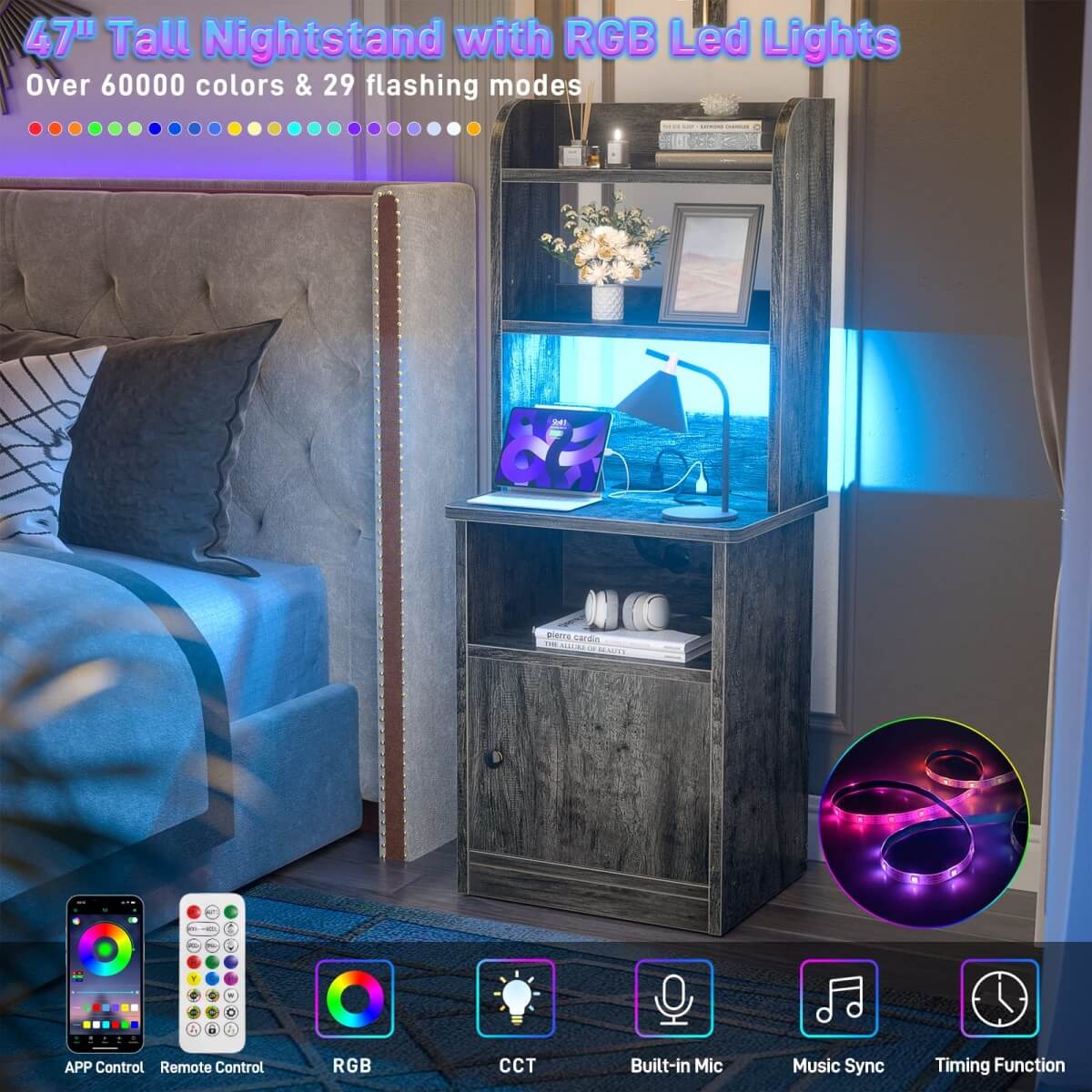 47" Tall Nightstand with Charging Station and LED Lights