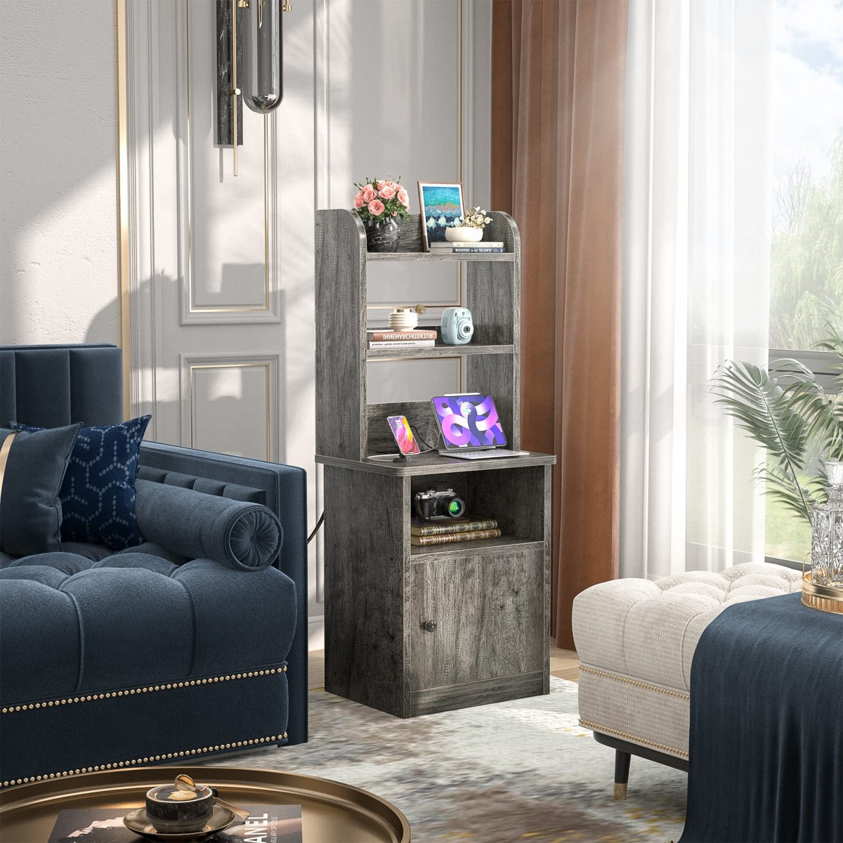 47" Tall Nightstand with Charging Station and LED Lights