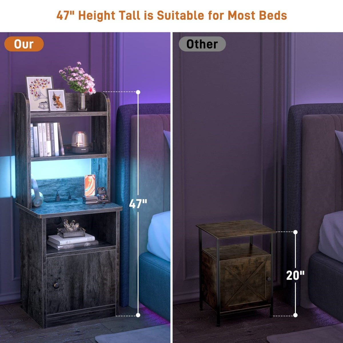 47" Tall Nightstand with Charging Station and LED Lights
