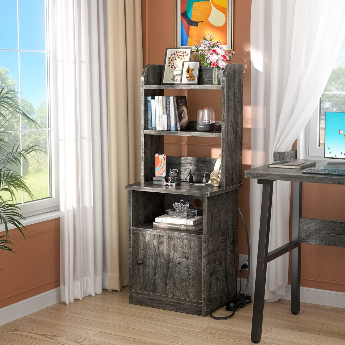 47" Tall Nightstand with Charging Station and LED Lights
