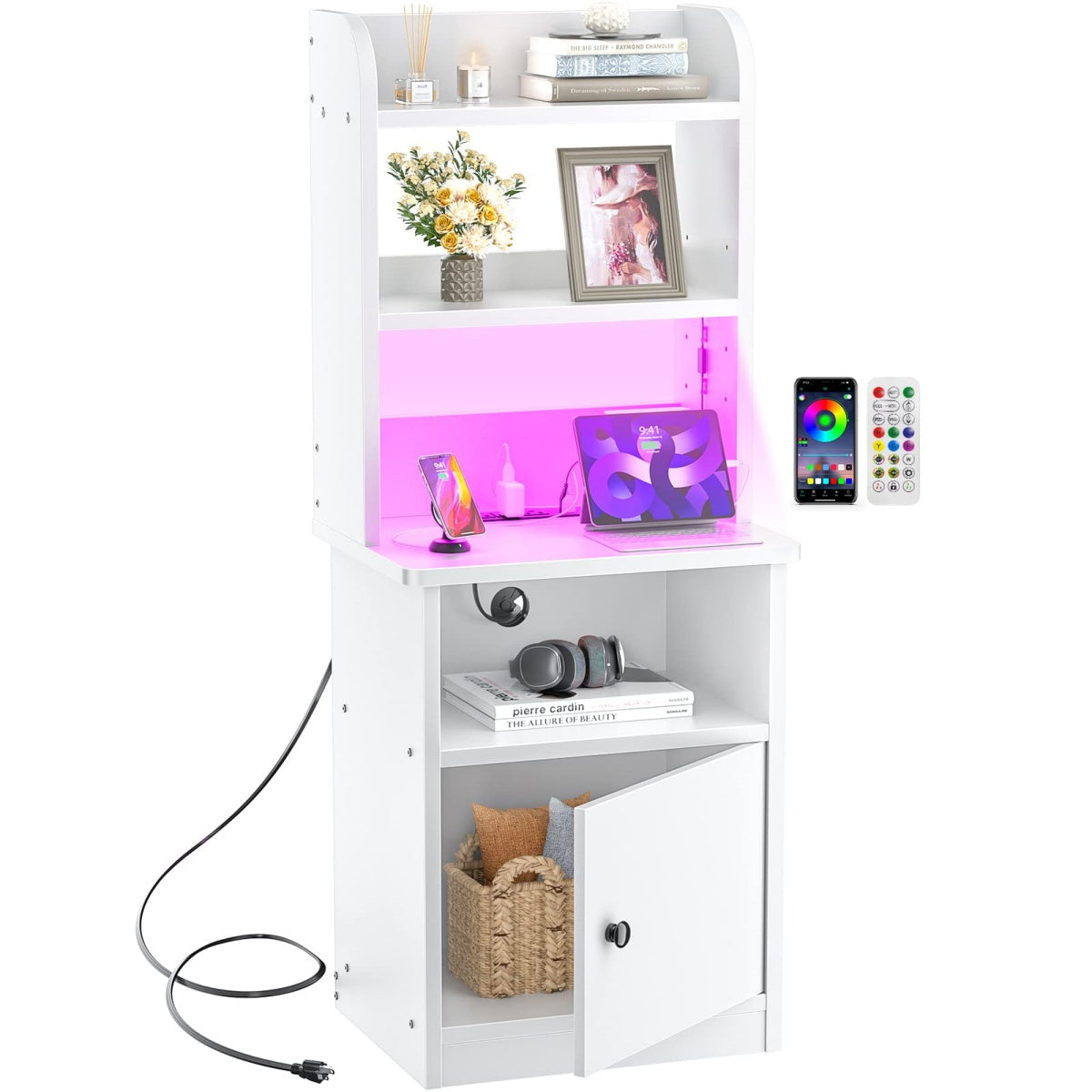 47" Tall Nightstand with Charging Station and LED Lights