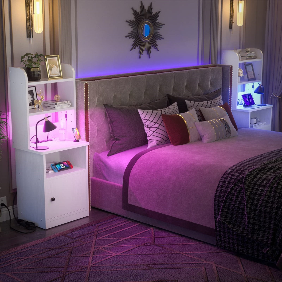 47" Tall Nightstand with Charging Station and LED Lights