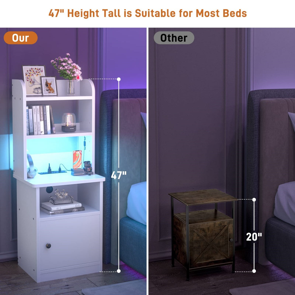 47" Tall Nightstand with Charging Station and LED Lights