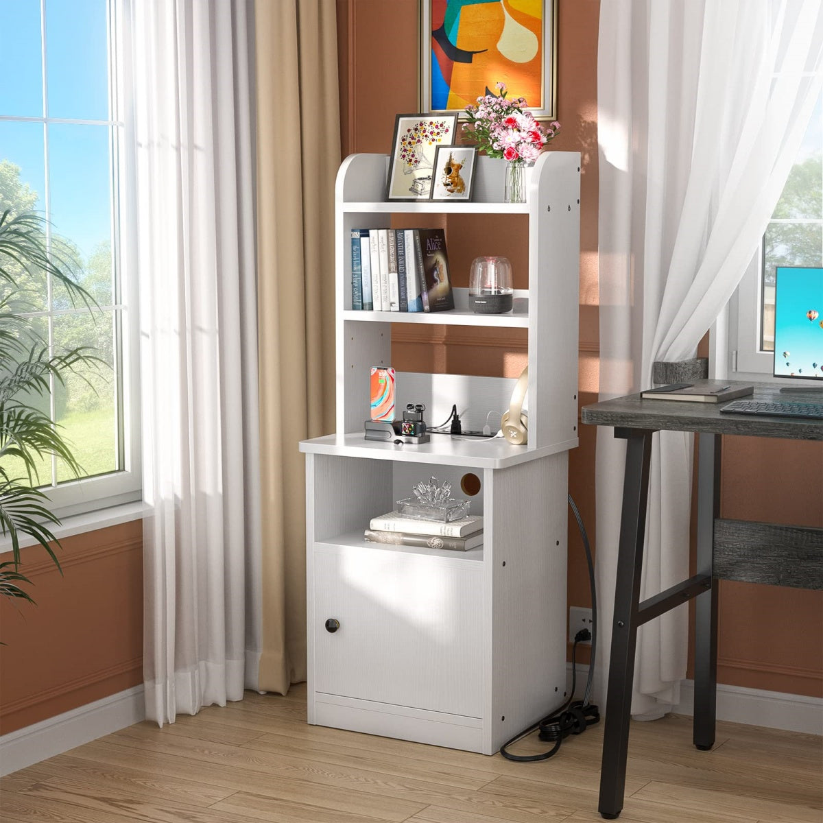 47" Tall Nightstand with Charging Station and LED Lights