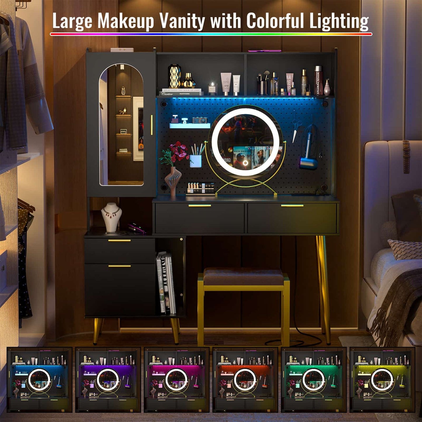 48'' Makeup Vanity with Hutch Storage, Charging Station & LED Lights