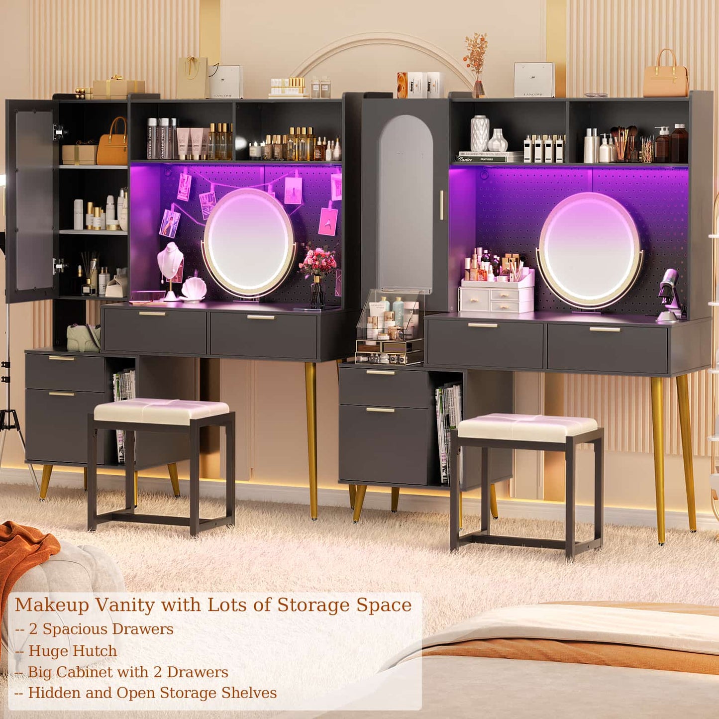 48'' Makeup Vanity with Hutch Storage, Charging Station & LED Lights