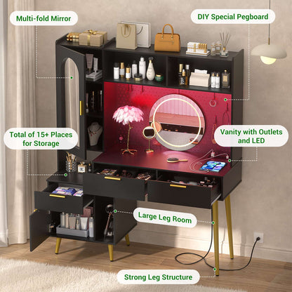 48'' Makeup Vanity with Hutch Storage, Charging Station & LED Lights