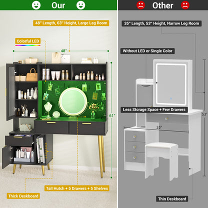 48'' Makeup Vanity with Hutch Storage, Charging Station & LED Lights