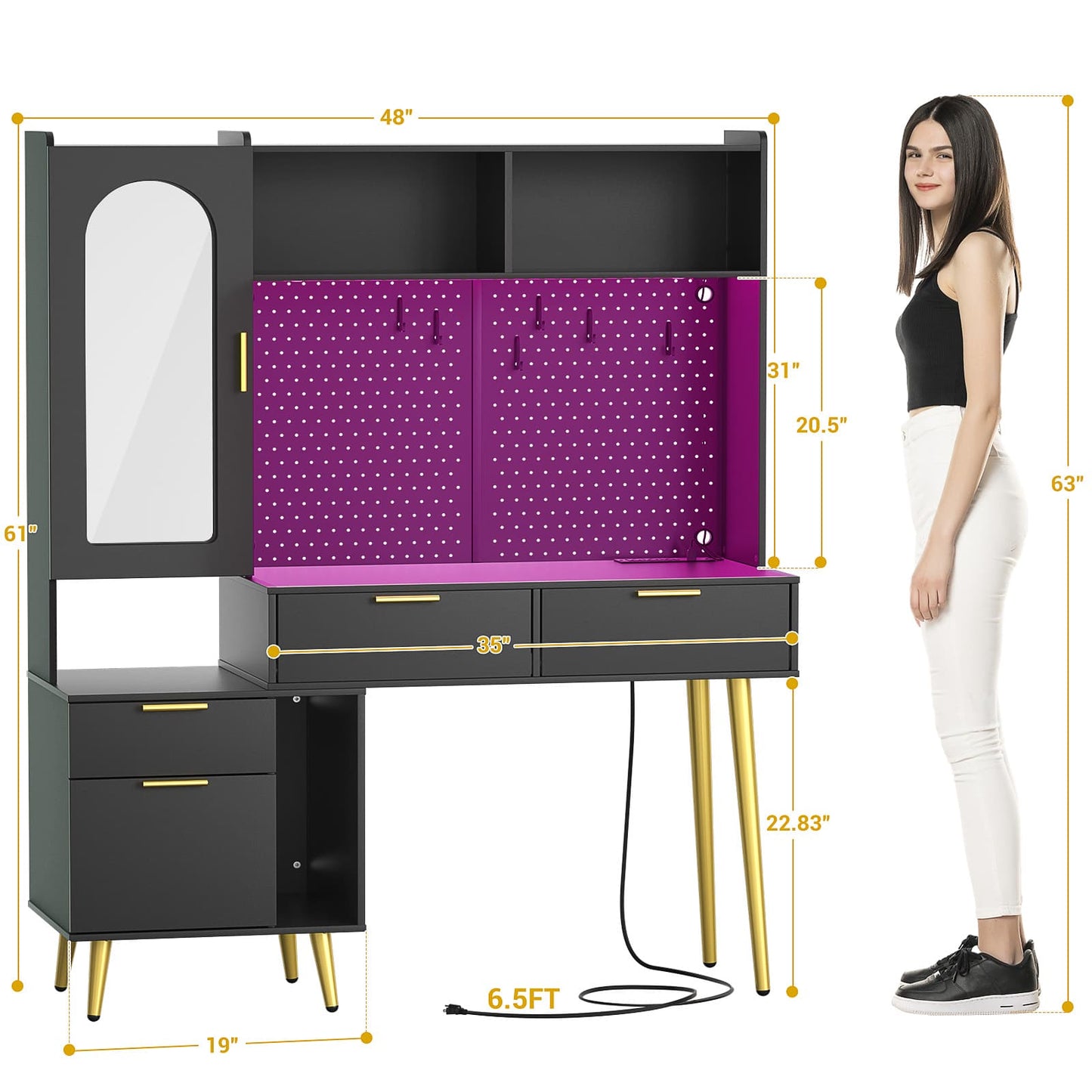 48'' Makeup Vanity with Hutch Storage, Charging Station & LED Lights