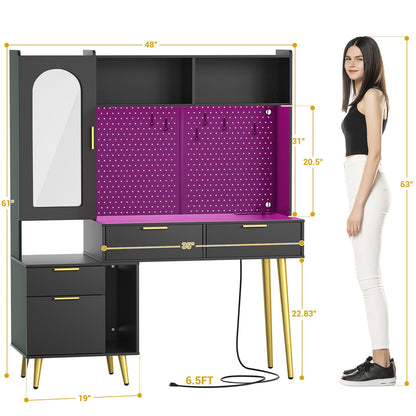 48'' Makeup Vanity with Hutch Storage, Charging Station & LED Lights