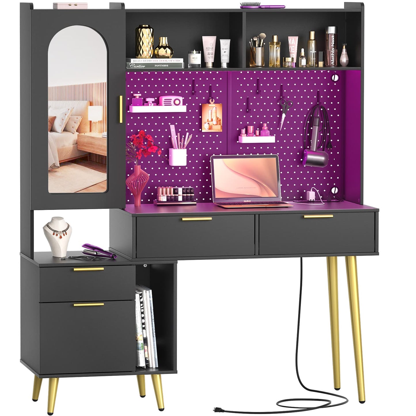 48'' Makeup Vanity with Hutch Storage, Charging Station & LED Lights
