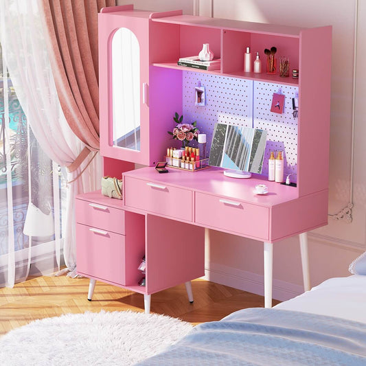 48'' Makeup Vanity with Hutch Storage, Charging Station & LED Lights