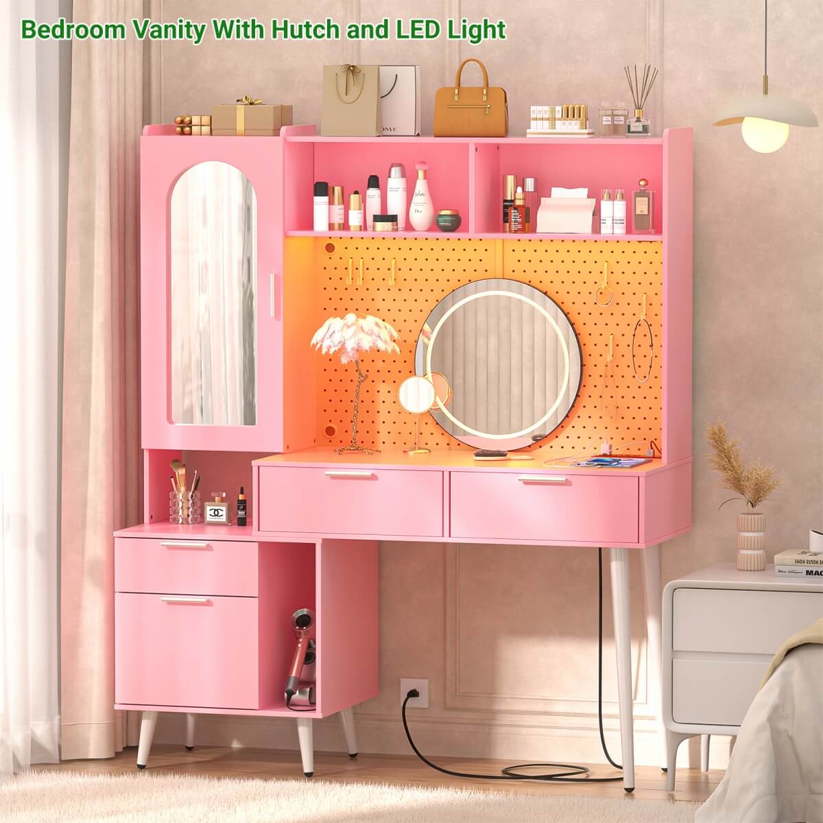 48'' Makeup Vanity with Hutch Storage, Charging Station & LED Lights