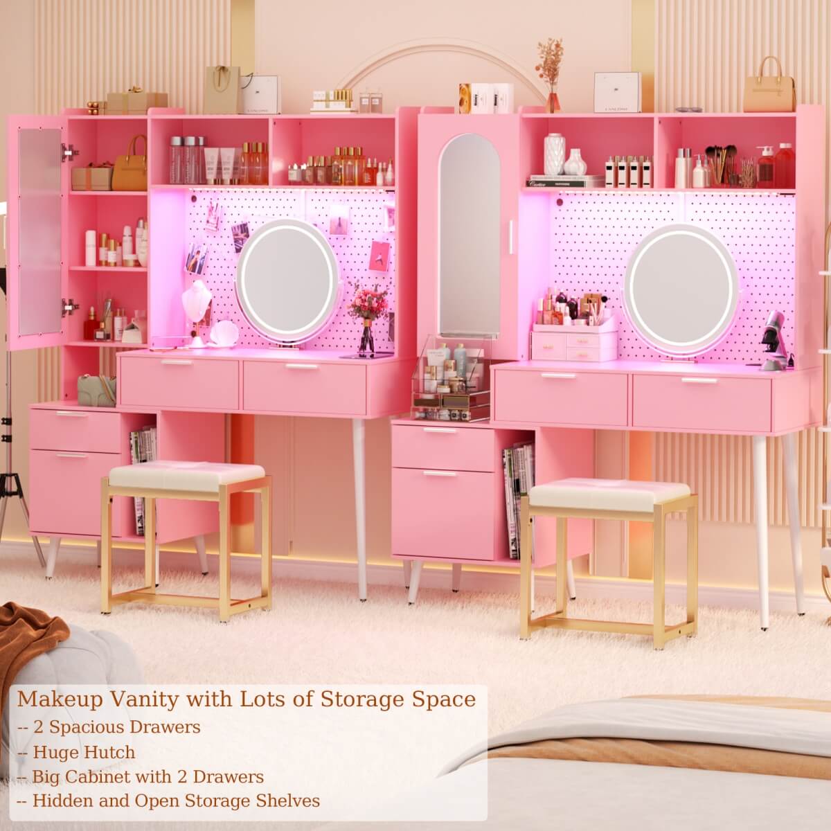 48'' Makeup Vanity with Hutch Storage, Charging Station & LED Lights