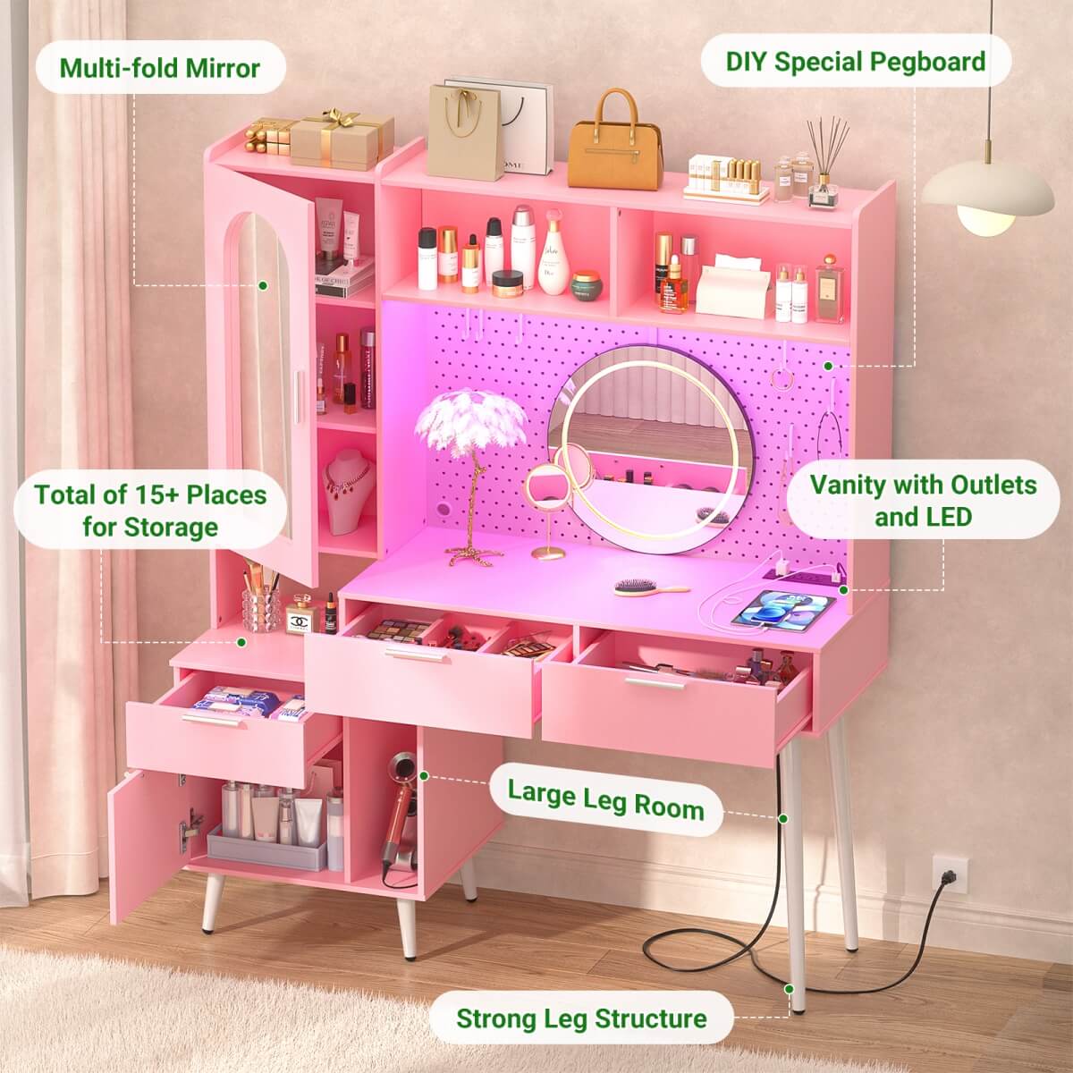 48'' Makeup Vanity with Hutch Storage, Charging Station & LED Lights