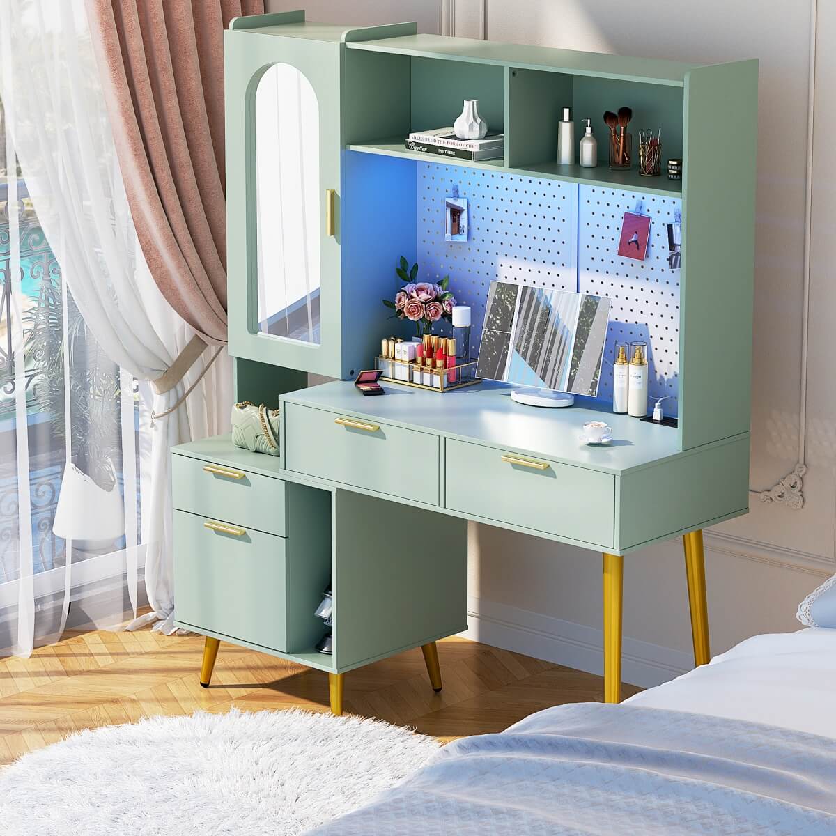 48'' Makeup Vanity with Hutch Storage, Charging Station & LED Lights