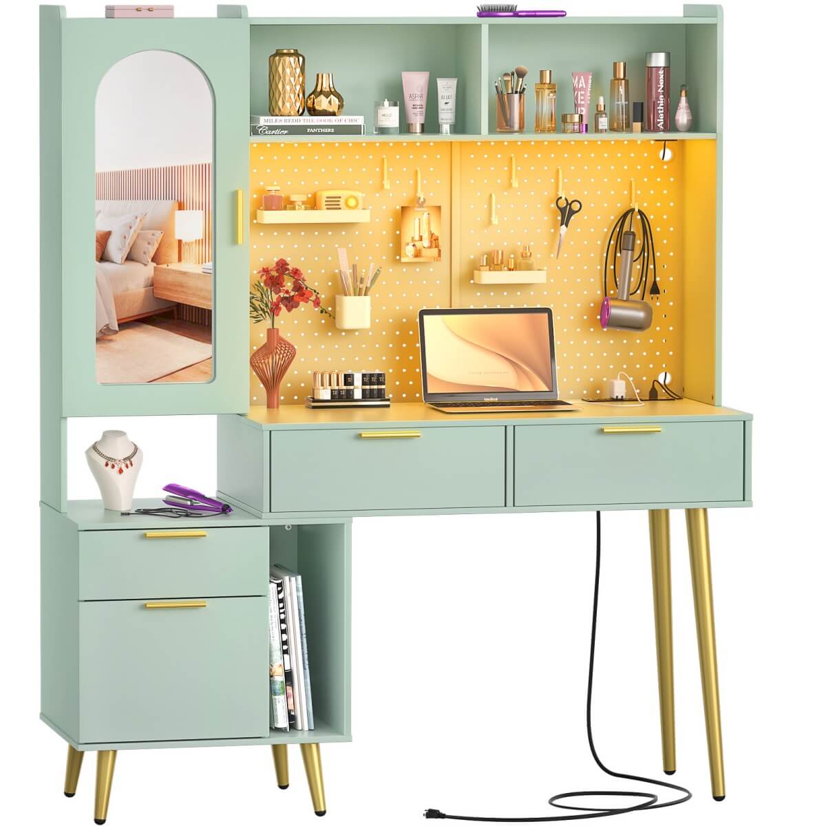 48'' Makeup Vanity with Hutch Storage, Charging Station & LED Lights