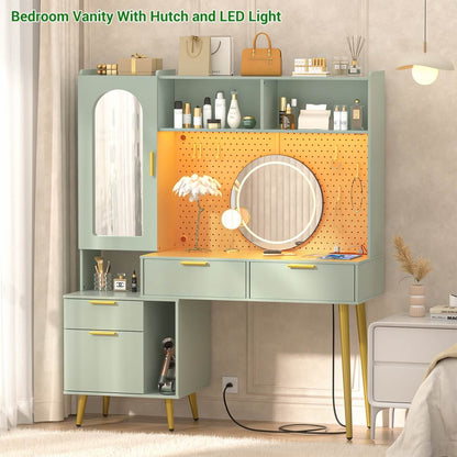 48'' Makeup Vanity with Hutch Storage, Charging Station & LED Lights