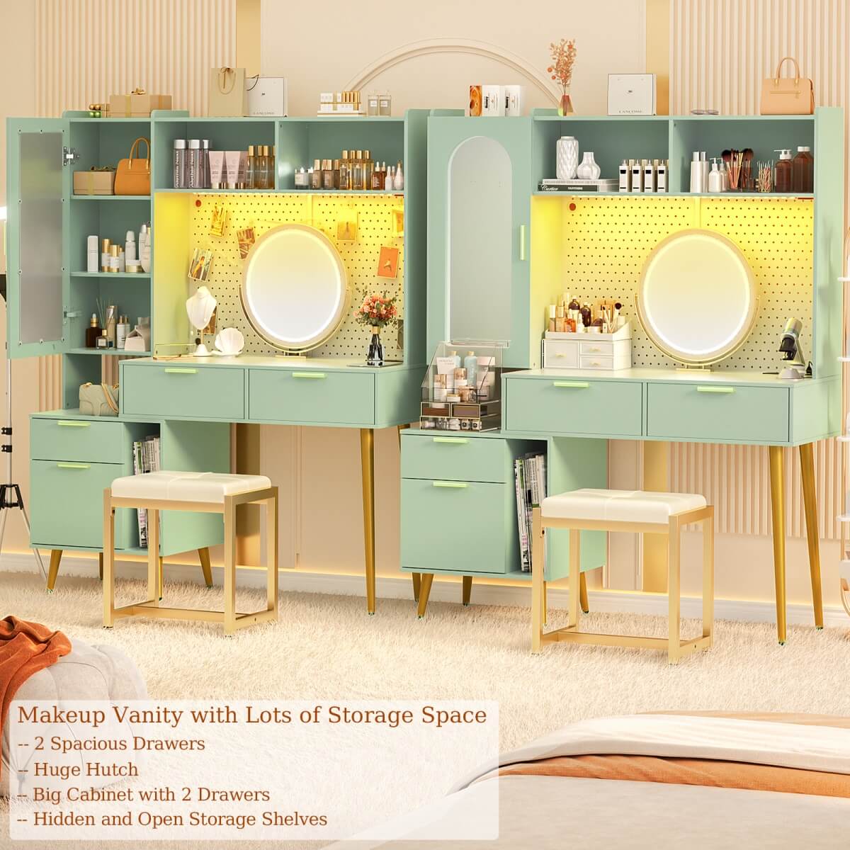 48'' Makeup Vanity with Hutch Storage, Charging Station & LED Lights