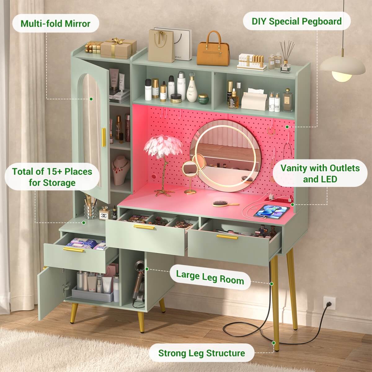 48'' Makeup Vanity with Hutch Storage, Charging Station & LED Lights