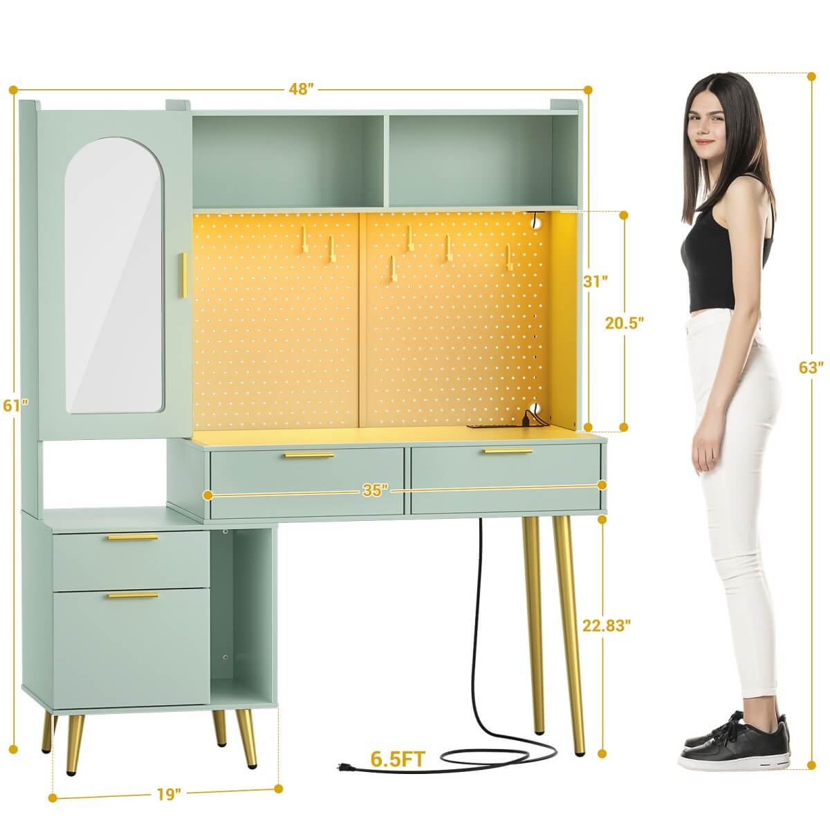 48'' Makeup Vanity with Hutch Storage, Charging Station & LED Lights
