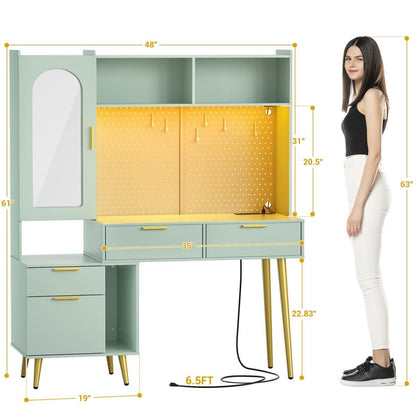 48'' Makeup Vanity with Hutch Storage, Charging Station & LED Lights