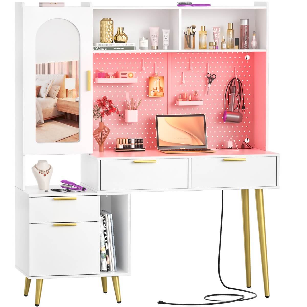 48'' Makeup Vanity with Hutch Storage, Charging Station & LED Lights