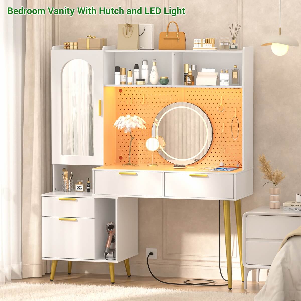 48'' Makeup Vanity with Hutch Storage, Charging Station & LED Lights