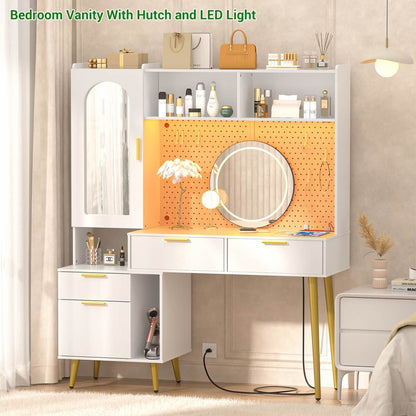 48'' Makeup Vanity with Hutch Storage, Charging Station & LED Lights