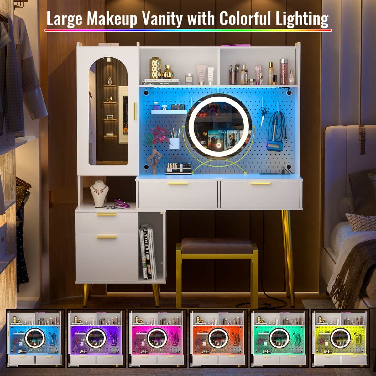 48'' Makeup Vanity with Hutch Storage, Charging Station & LED Lights
