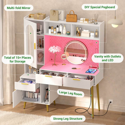 48'' Makeup Vanity with Hutch Storage, Charging Station & LED Lights