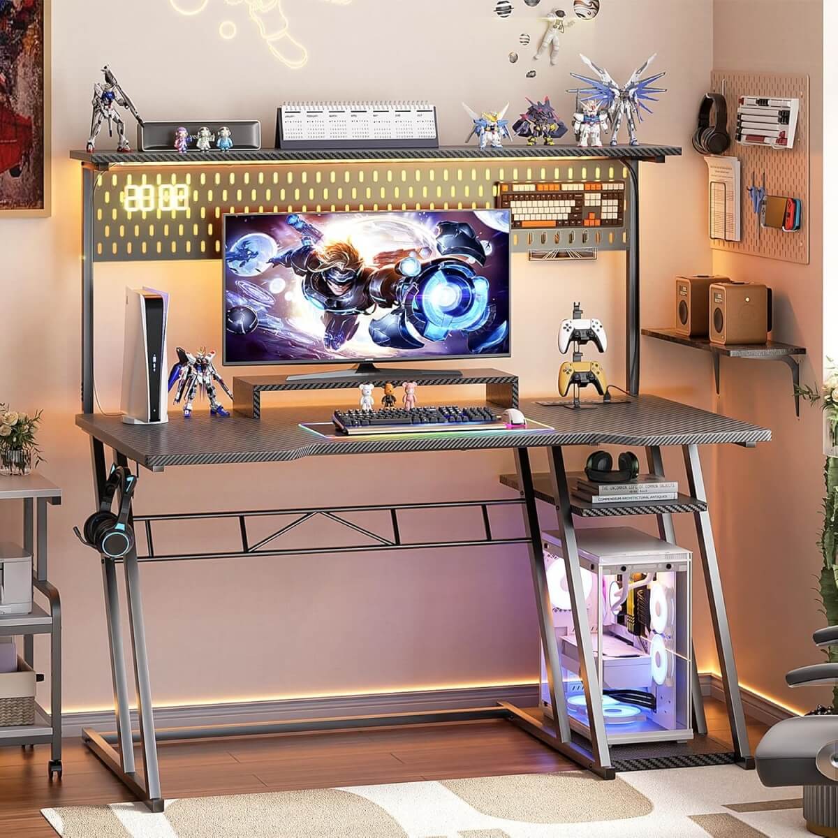 Gaming Computer Desk with Hutch, Power Outlets and LED Lights, 47.25"W x 22.84"D x 54.33"H