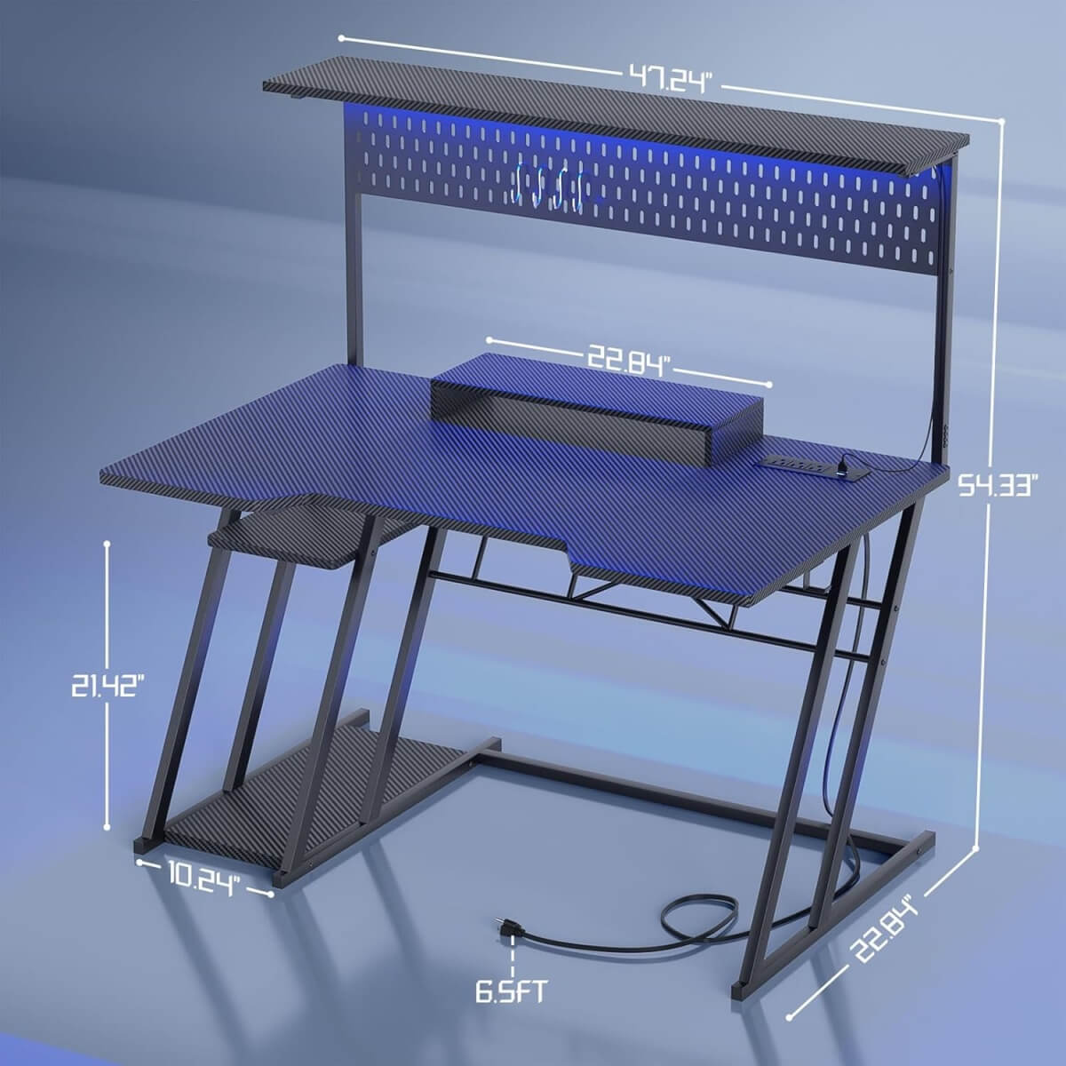 Gaming Computer Desk with Hutch, Power Outlets and LED Lights, 47.25"W x 22.84"D x 54.33"H