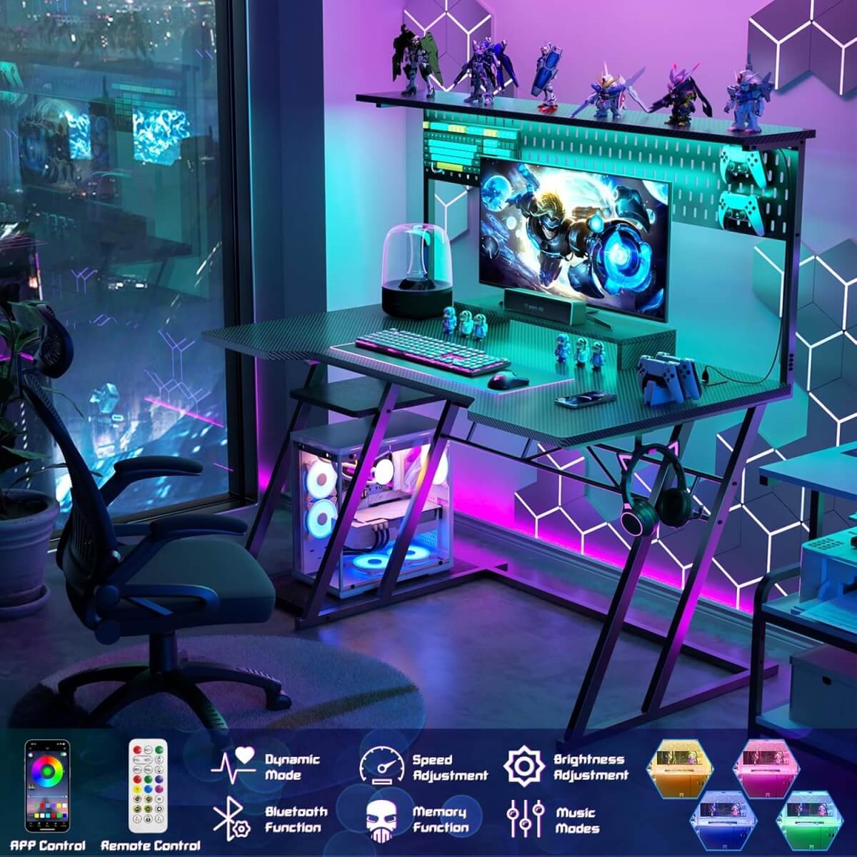 Gaming Computer Desk with Hutch, Power Outlets and LED Lights, 47.25"W x 22.84"D x 54.33"H