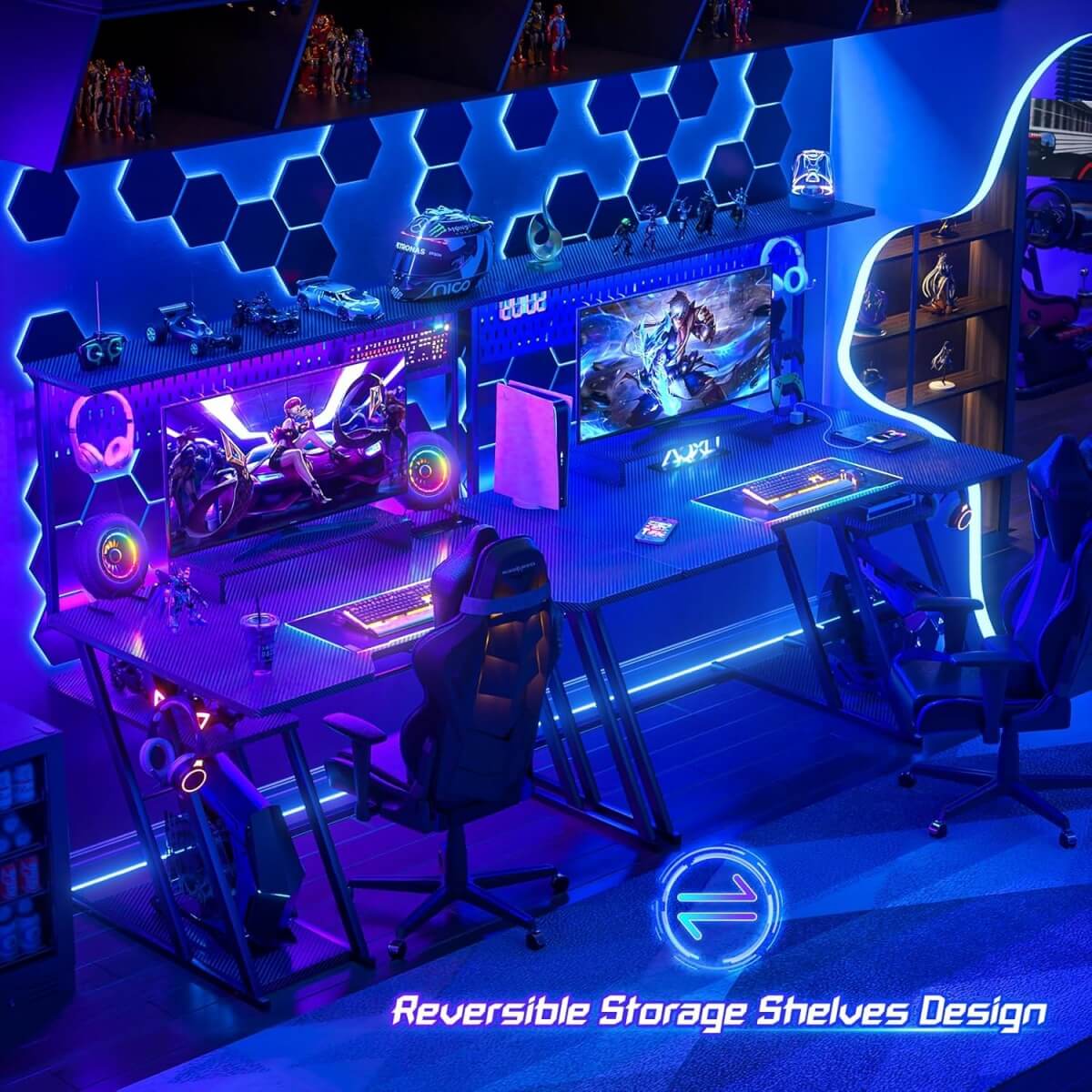 Gaming Computer Desk with Hutch, Power Outlets and LED Lights, 47.25"W x 22.84"D x 54.33"H